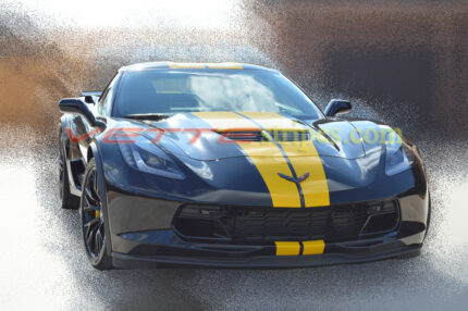Black C7 Z06 with yellow GM full length dual racing stripes