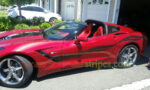 Crustal Red C7 Corvette Stingray coupe with 3M 1080 carbon flash side stripe graphic