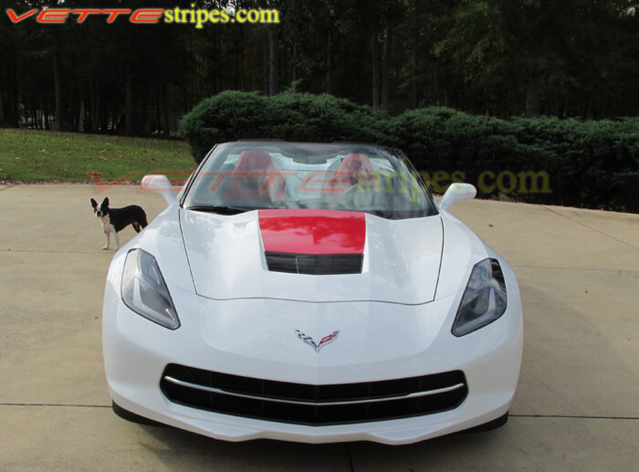 White C7 Corvette Stingray with 3M 1080 red hood stinger stripe