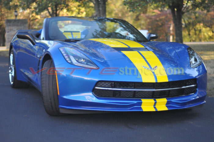 Laguna blue C7 Corvette Stingray convertible with yellow GM full length racing stripes