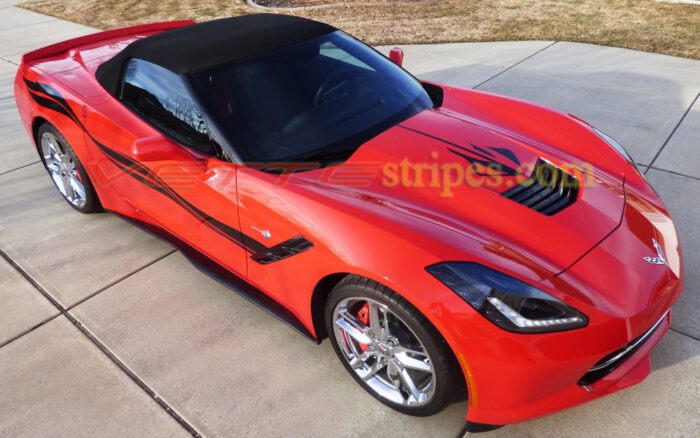 Torch red C7 corvette Stingray convertible with carbon flash side stripe graphic decals
