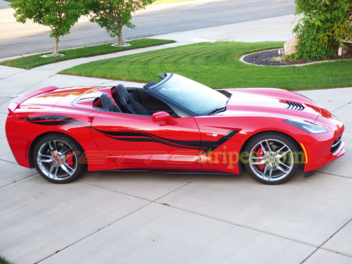 Torch red C7 corvette Stingray convertible with carbon flash side stripe graphic decals