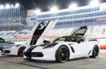 White C7 Corvette Z06 with carbon flash full length dual racing stripes, stinger hood, and jake option