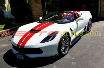 White C7 Corvette grand sport convertible with adrenaline red GM dual racing stripes
