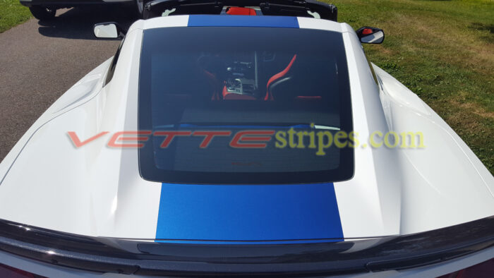 White C7 Corvette grand sport with Laguna blue center stripes