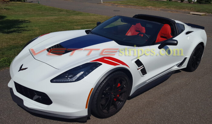 White C7 Corvette grand sport with Laguna blue center stripes and red fender hash marks