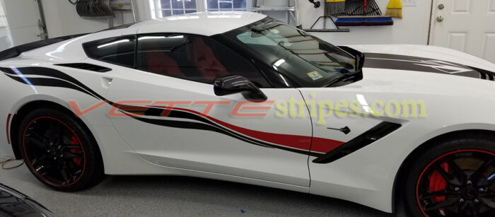 White C7 corvette stingray with carbon flash red side stripe graphic decals