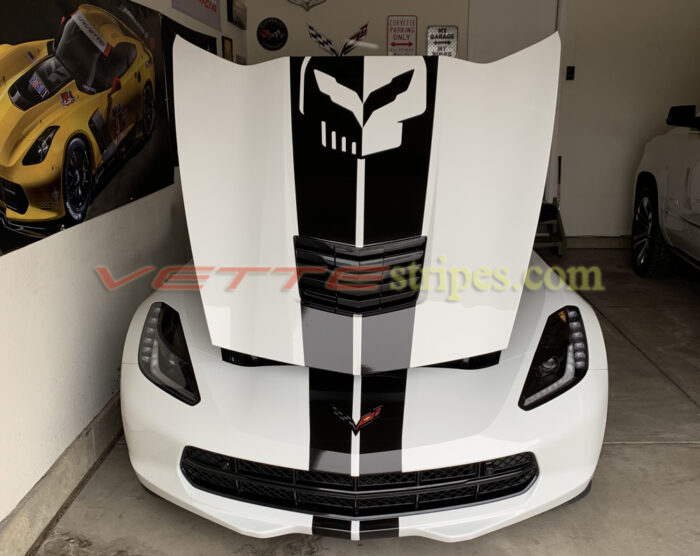 White C7 stingray with carbon flash GM full length racing stripes and jake option