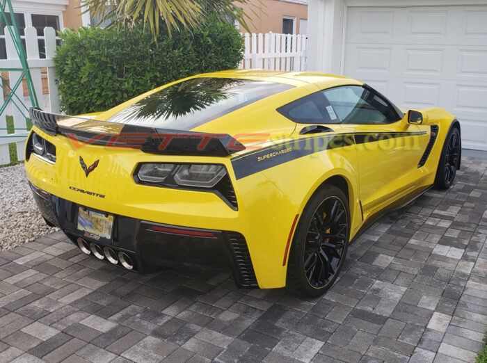 Yellow C7 Corvette Z06 with 3M 1080 gloss carbon flash supercharged Yenko style side stripes