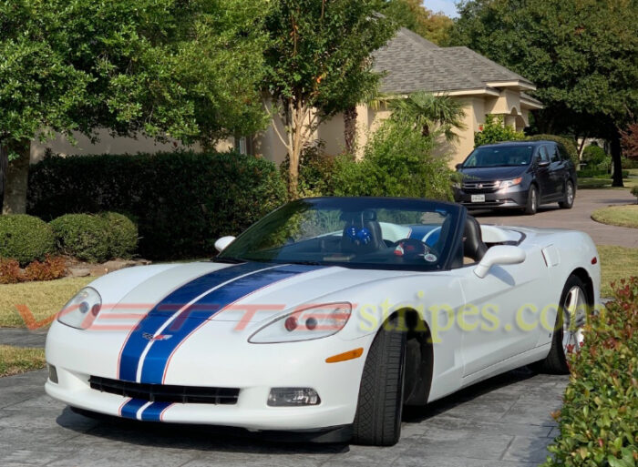 2005-2013 White C6 Corvette convertible with blue red GM full length dual racing stripes 3