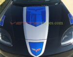 Black C6 corvette coupe with GT1 stripes in laguna blue and sterling silver with optional jake skull