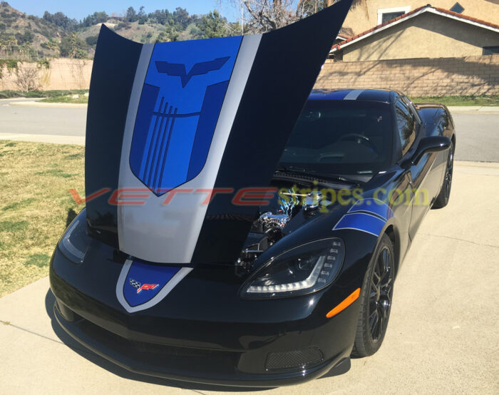 Black C6 corvette coupe with GT1 stripes in laguna blue and sterling silver with optional jake skull
