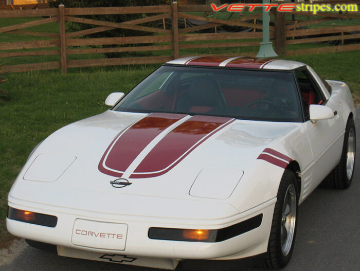 White C4 Corvette with metallic maple red CE stripes