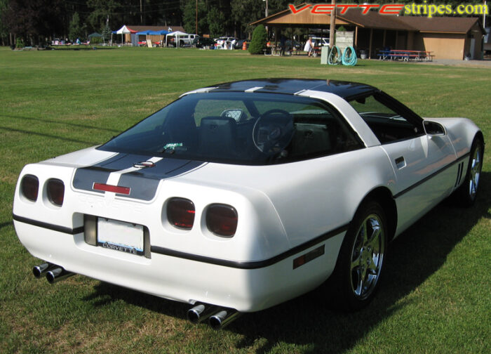 White C4 Corvette with metallic black and gunmetal CE stripes