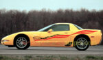 Yellow C5 Corvette Z06 with side stripes and checkered flag option