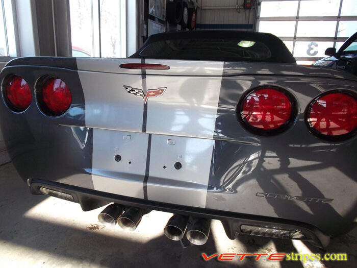 Cyber gray C6 Corvette Grand Sport convertible with metallic silver GM full length racing stripe