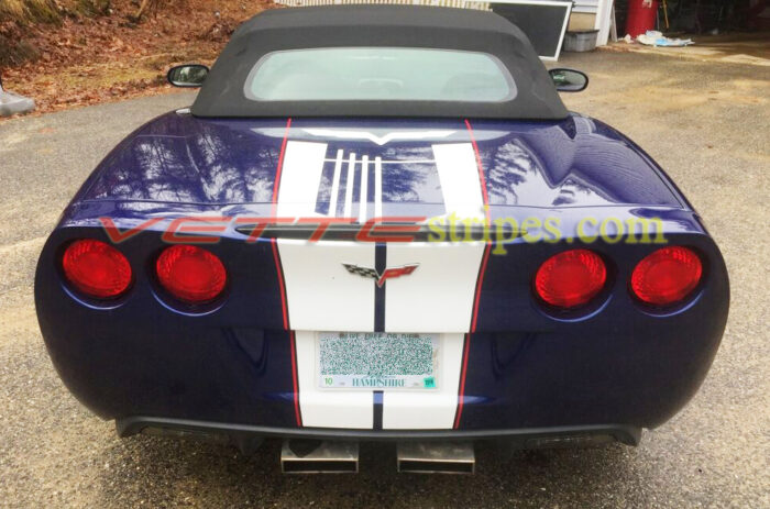 C6 Corvette Lemans Blue with white and red full length racing stripe 3 and custom jake for the rear
