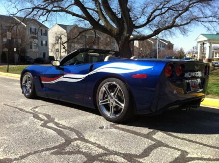 Lemans blue C6 Corvette with silver and crystal red side stripe graphic decals