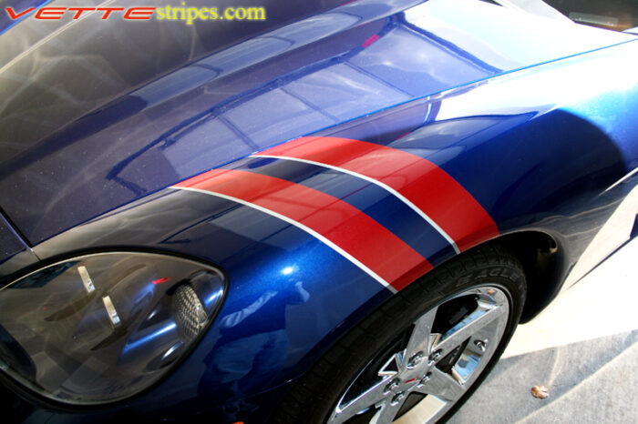 C6 Corvette Lemans blue with red and silver fender hash marks stripe 2