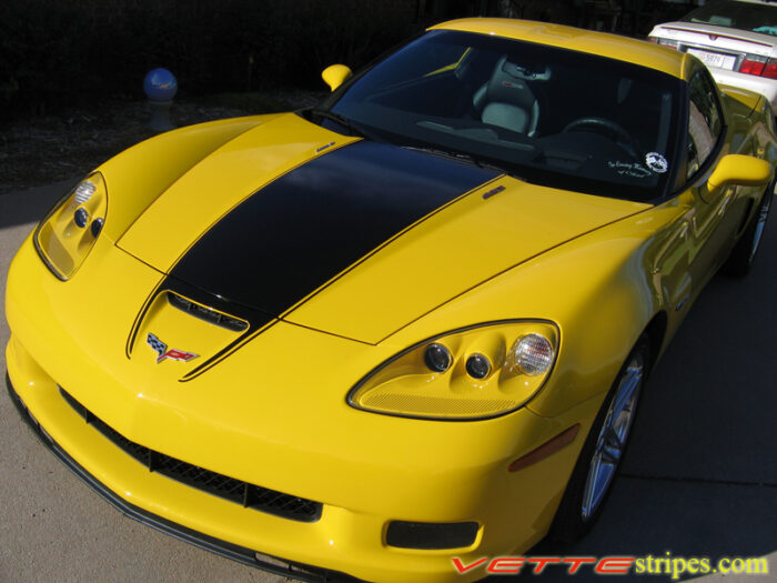 yellow C6 Corvette Z06 with black ME3 stripe