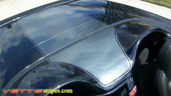 C6 Corvette black convertible with metallic dark charcoal stripe