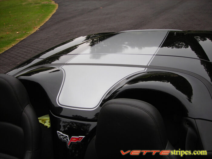 C6 Corvette black convertible with metallic silver stripe