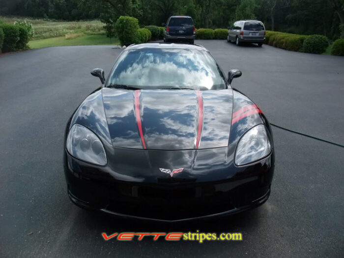 Black C6 Corvette with red hood stripe 5