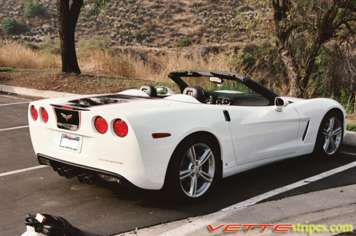 Arctic white C6 Corvette convertible with black and red ME stripes with optional rear back bumper stripes