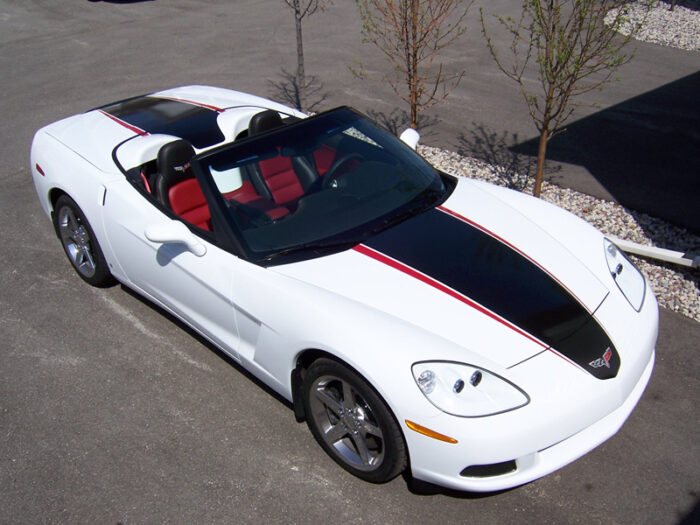Arctic white C6 Corvette convertible with black and red ME stripes