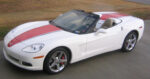 Arctic white C6 Corvette convertible with red and gunmetal ME stripe