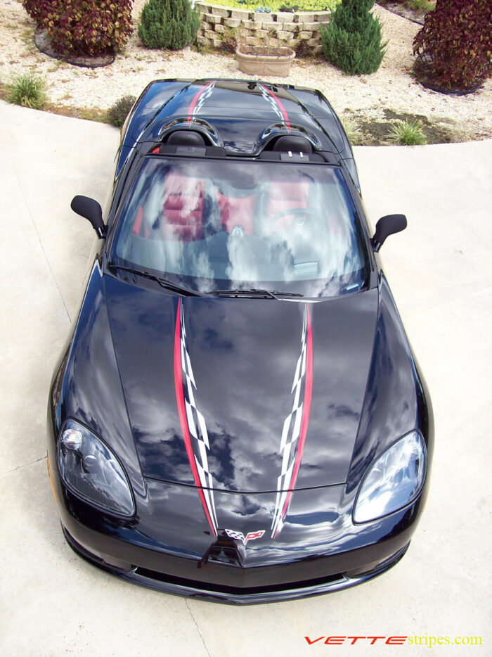 C6 Corvette convertible super hood stripe in silver and red with rear option