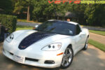 Arctic white C6 Corvette coupe with grand blue and charcoal ME stripe