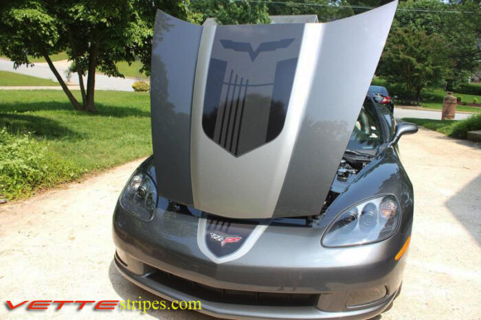 Cyber gray C6 Corvette with black and gunmetal GT1 stripe