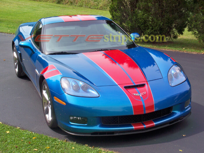 C6 Corvette jet stream blue with red and gunmetal full body GM racing 3 stripes