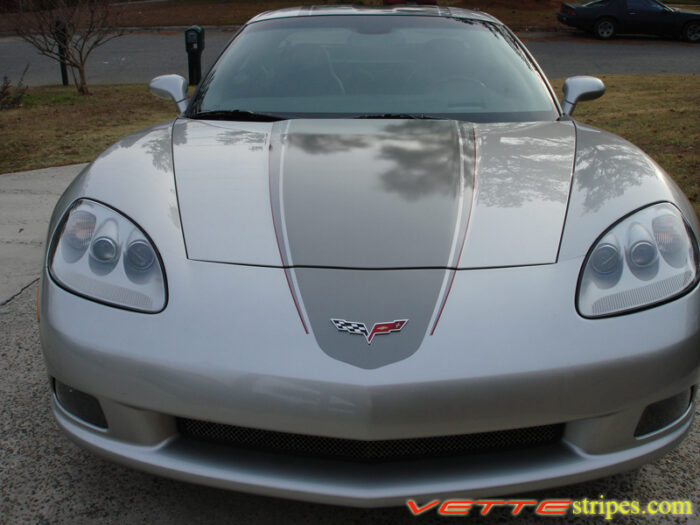 machine silver C6 Corvette with charcoal and gunmetal ME stripes