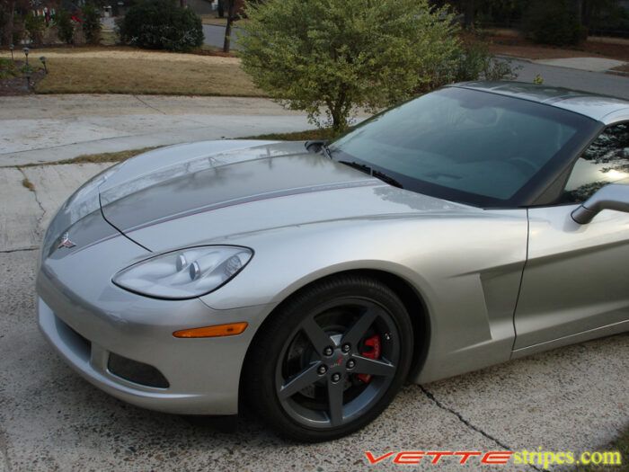machine silver C6 Corvette with charcoal and gunmetal ME stripes