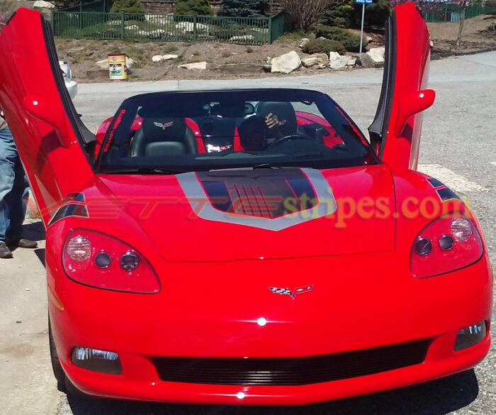 Red C6 Corvette convertible with black and silver GT3 stripe
