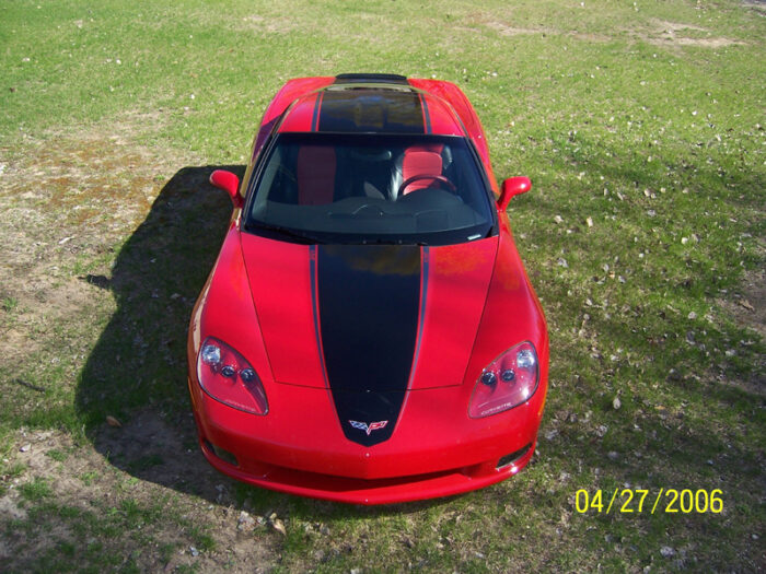 C6 Corvette with black and dark charcoal ME stripes