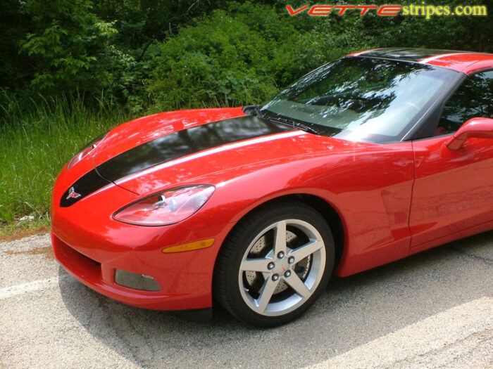 Red C6 Corvette with black and silver ME stripes