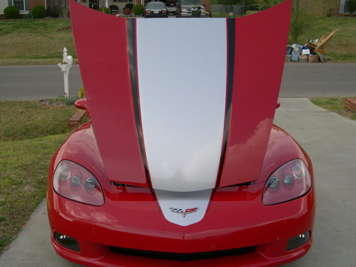 C6 Corvette with metallic silver and black ME stripes