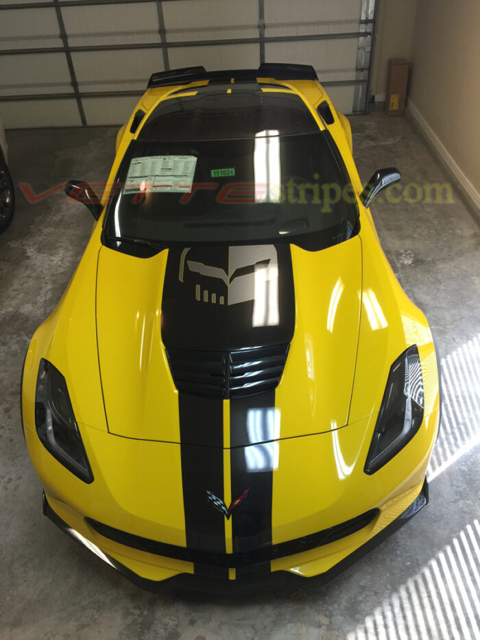 C7 Corvette Z06 yellow with carbon flash GM full length dual racing stripe