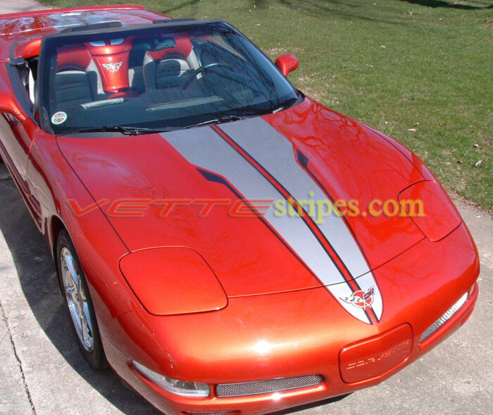 Magnetic red C5 corvette convertible with pewter black SE3 stripes