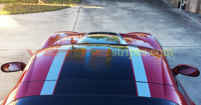 Magnetic red C6 Corvette with black gunmetal GT1 stripes