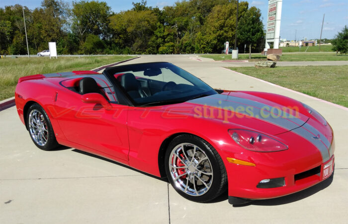 Red C6 corvette convertible with blade silver GM full length dual racing stripe 2