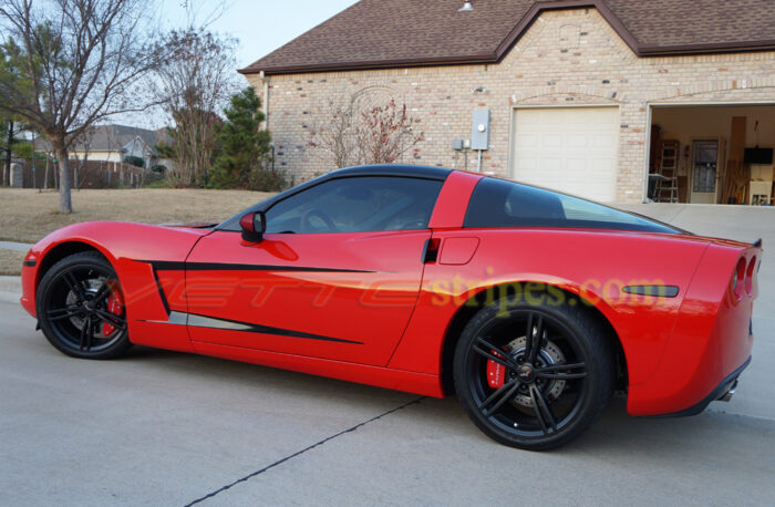 Red C6 Corvette coupe with black side stripe 3 graphic decals