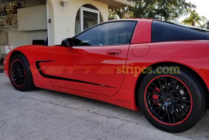 Torch red C5 Corvette with black side stripes 3 without pinstripes