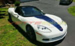 White C6 Corvette coupe with Wil Cooksey SE2 stripes in Lemans blue and gunmetal