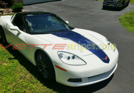 New Version White C6 Corvette coupe with Wil Cooksey SE2 stripes in Lemans blue and gunmetal