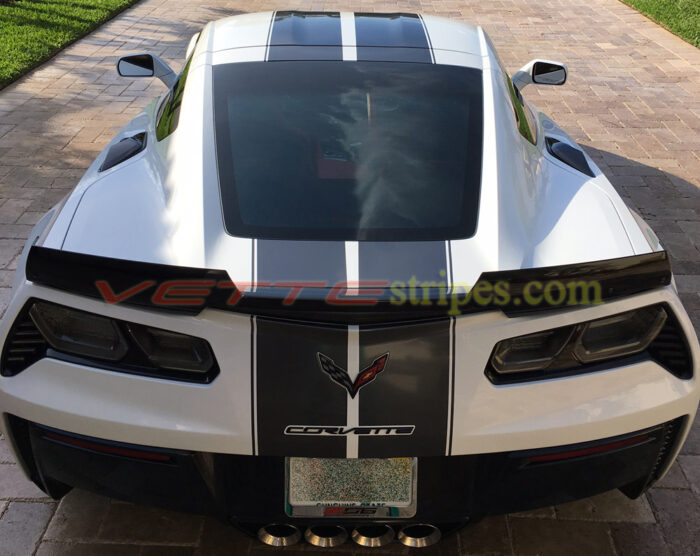 White C7 Z06 with metallic dark charcoal JE stripes with optional full rear back bumper stripes and custom rear letter cutout