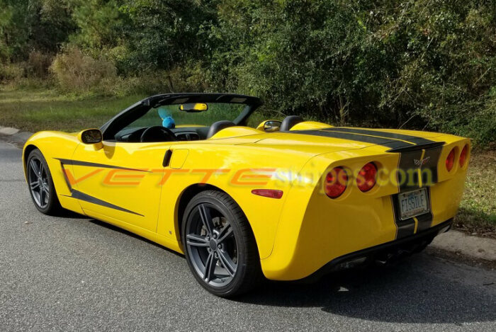 Yellow C6 Corvette coupe with dark charcoal side stripe 3 graphic decals